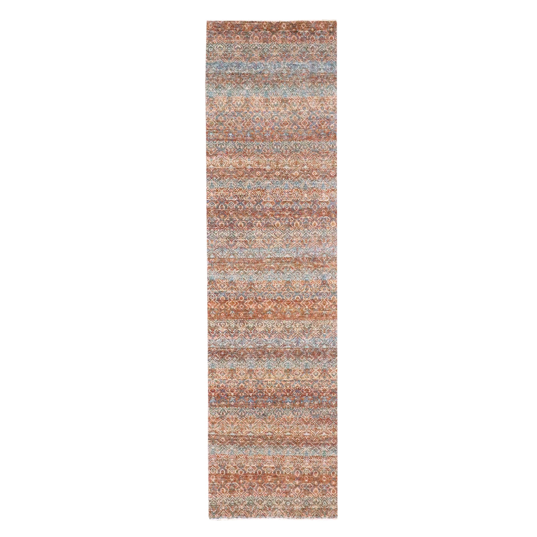 2'7"x10' Rust Red, Kohinoor Herat with Small Geometric Repetitive Diamond Pattern, Tone on Tone, Soft and Shiny Wool, Hand Knotted, Runner, Oriental Rug 